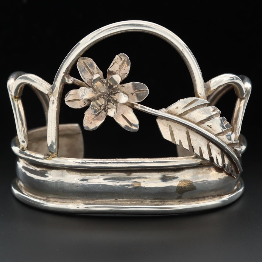 Signed Bill Kirkham Southwestern Style Sterling Silver Floral Cuff Bracelet