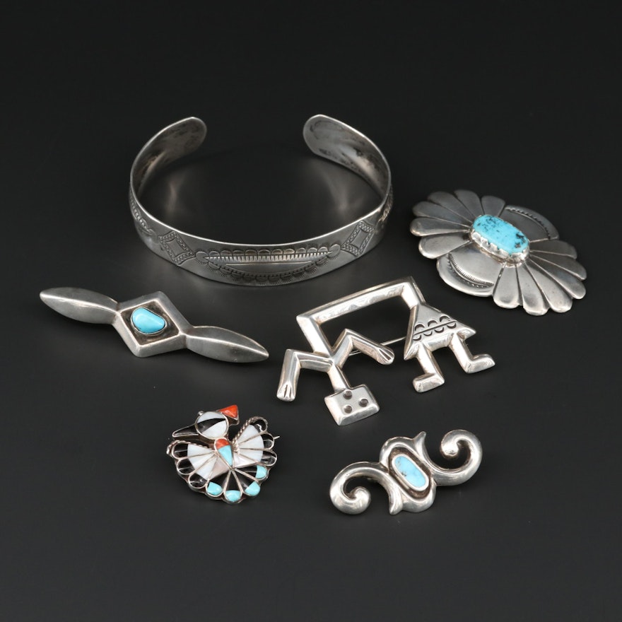 Southwestern Style Sterling Silver Gemstone Brooches and Cuff Bracelet