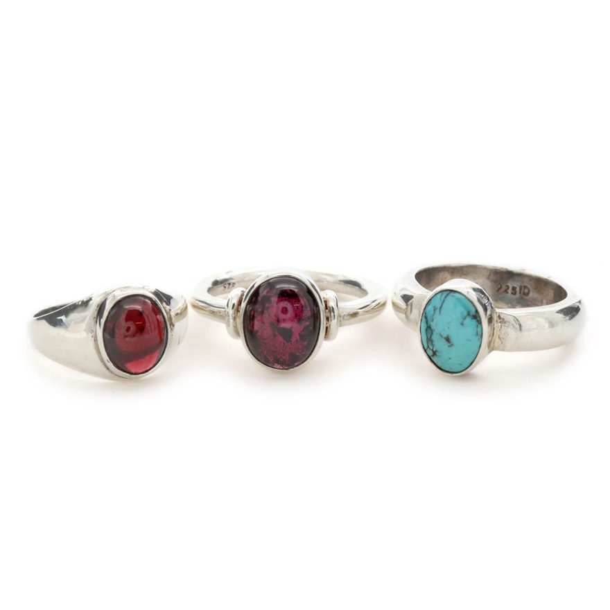 Sterling Silver Rhodolite Garnet and Turquoise Rings