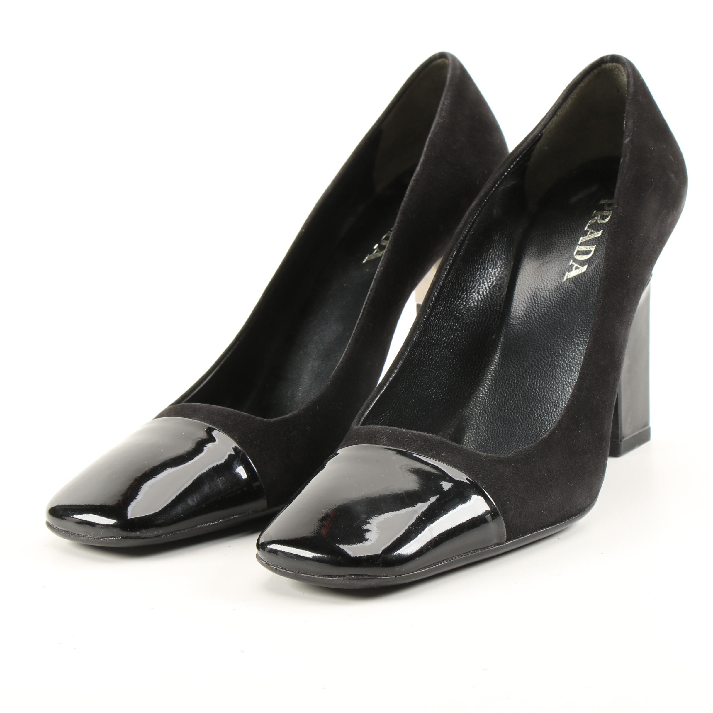 Prada Black Suede and Patent Leather Square Toe High Heel Pumps