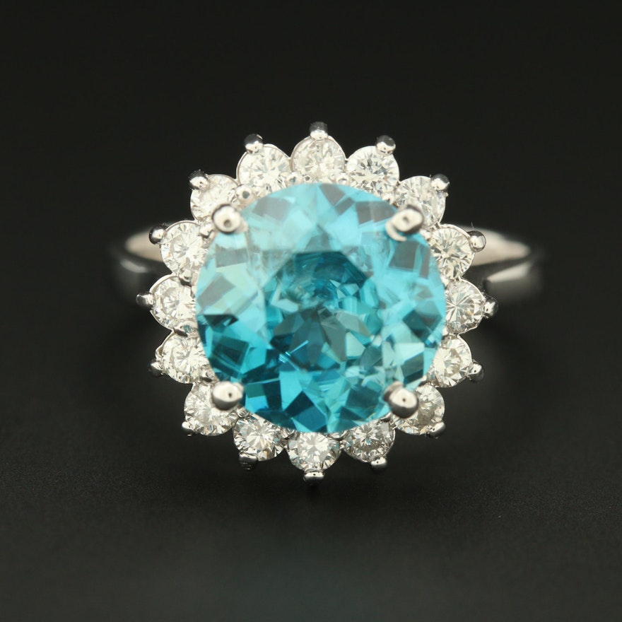 18K White Gold Blue Zircon and Diamond Ring