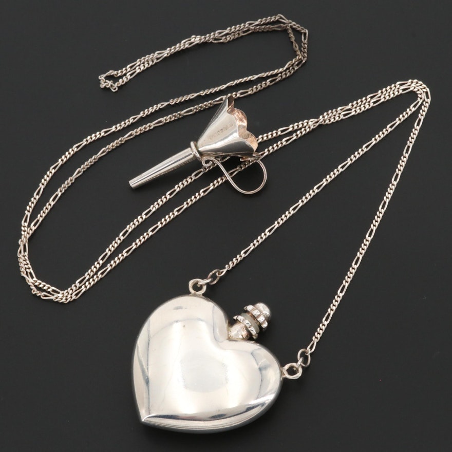 Sterling Silver Heart Perfume Bottle Figaro Chain Necklace with Funnel