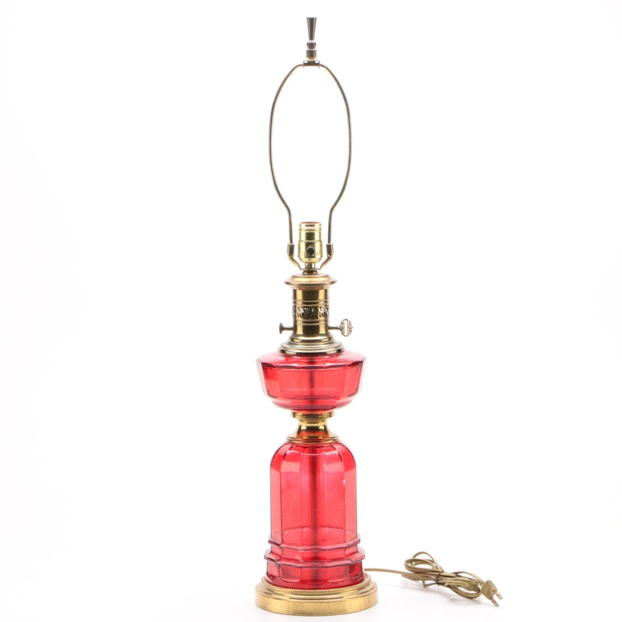 Victorian Style Cranberry Glass and Brass Table Lamp