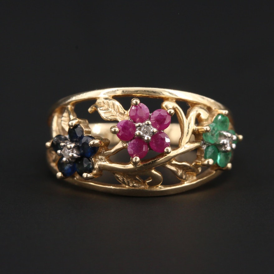 10K Yellow Gold Diamond and Gemstone Floral Openwork Ring