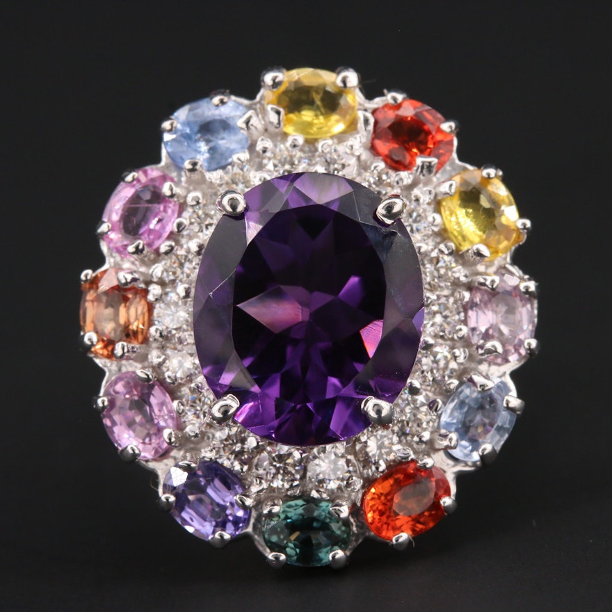 14K White Gold Amethyst, Multi-Colored Sapphire and Diamond Ring