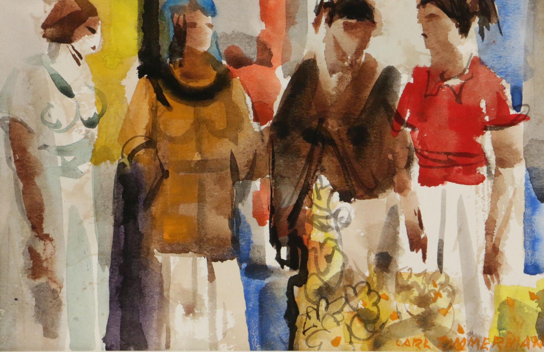 Carl Zimmerman Watercolor Painting "Conversations"