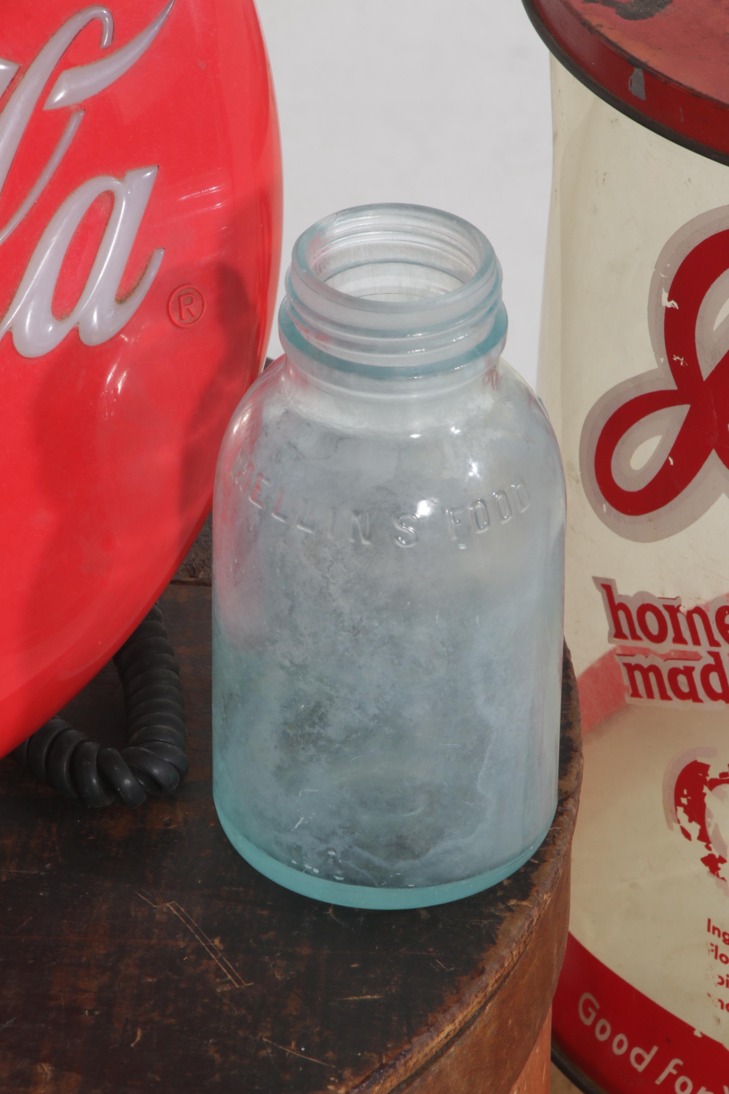 Coca-Cola Wall Phone and Crate with Other Advertising Containers, Vintage
