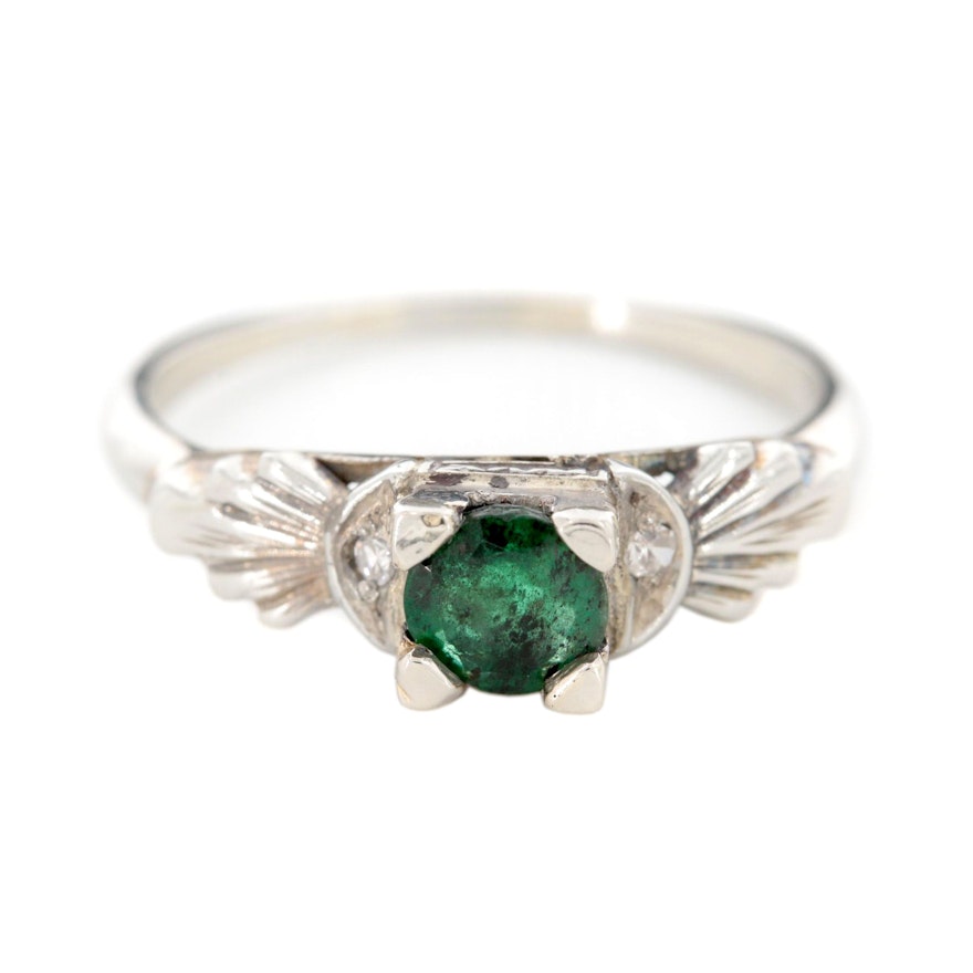 Vintage 18K White Gold Emerald and Diamond Ring