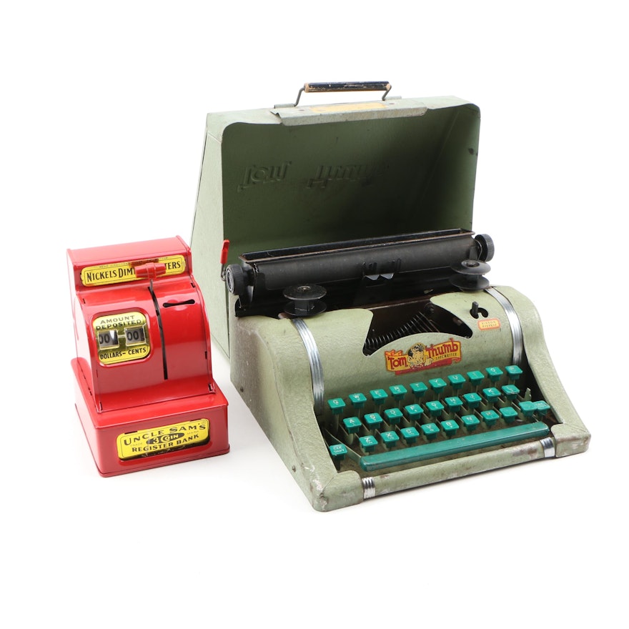 Tom Thumb Typewriter and Uncle Sam's Three Coin Register Bank, 1950's