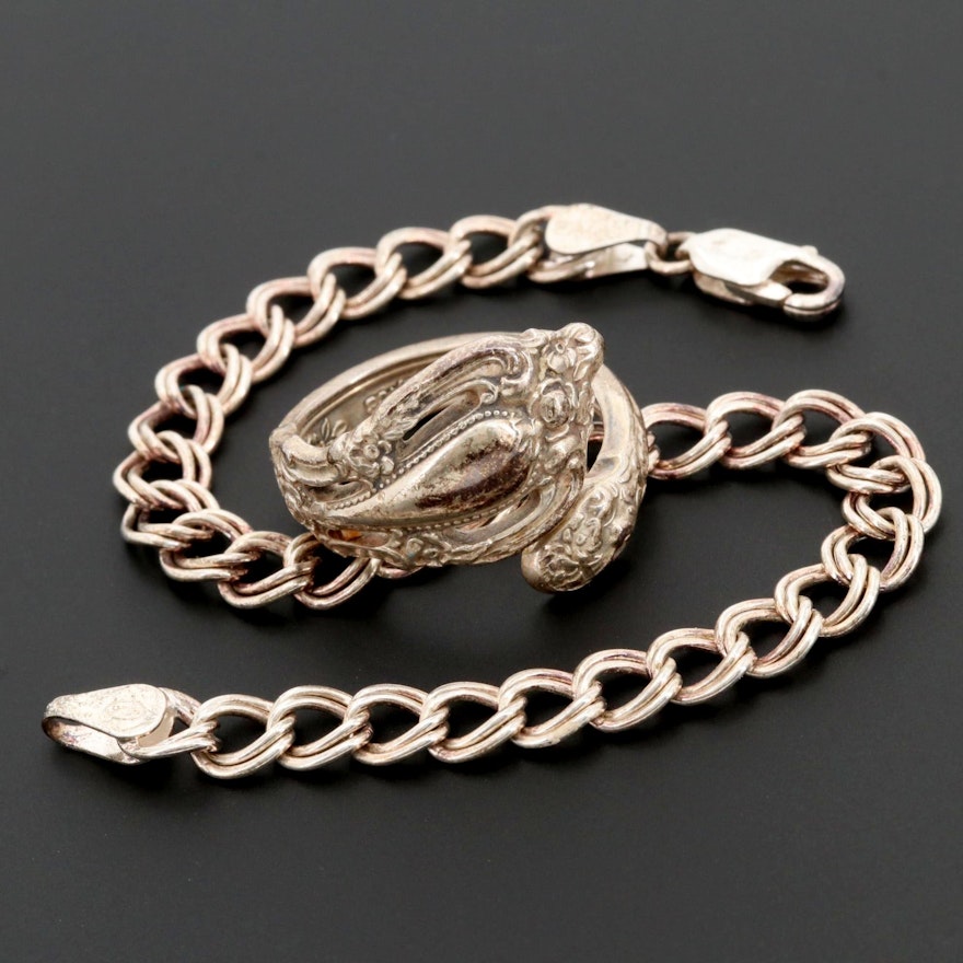 Sterling Silver Double Curb Bracelet and Spoon Ring