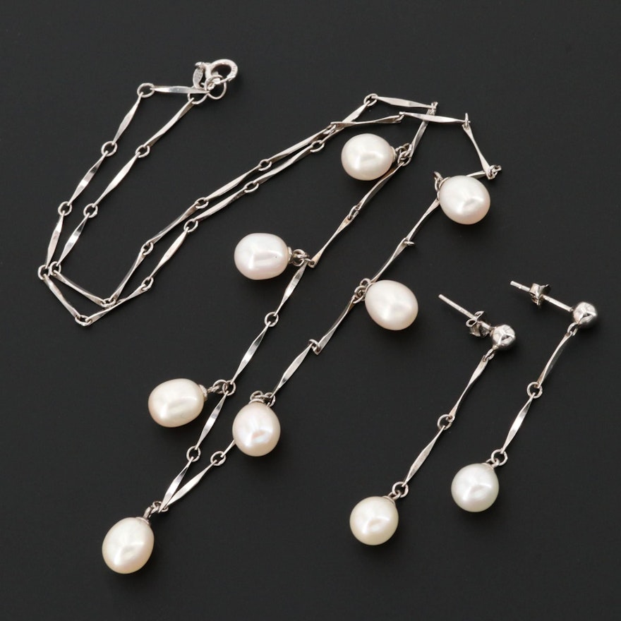 Sterling Silver Cultured Pearl Station Necklace and Drop Earrings