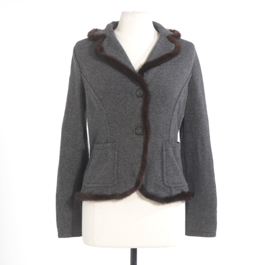 Les Copains Grey Cashmere Knit Sweater Jacket with Mink Fur Trim