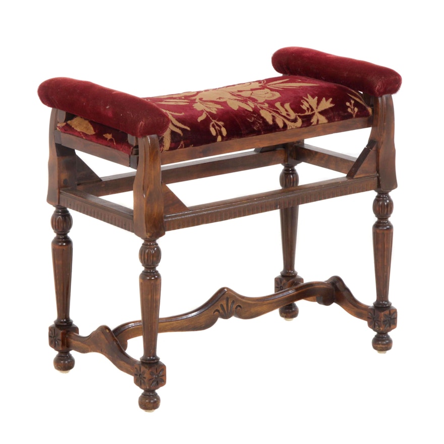 Sculpted Velvet Upholstered Victorian Style Indoor Walnut Stain Bench