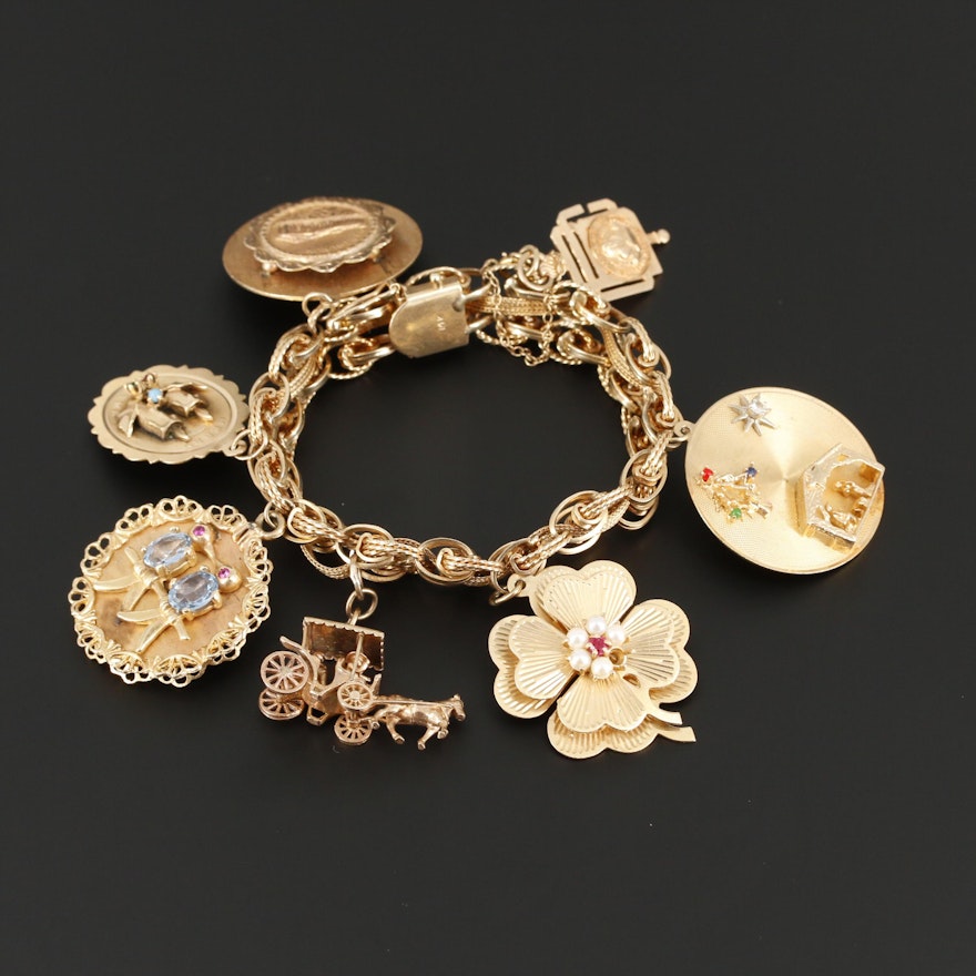 14K Yellow Gold Charm Bracelet with Four Leaf and Parthenon Charms
