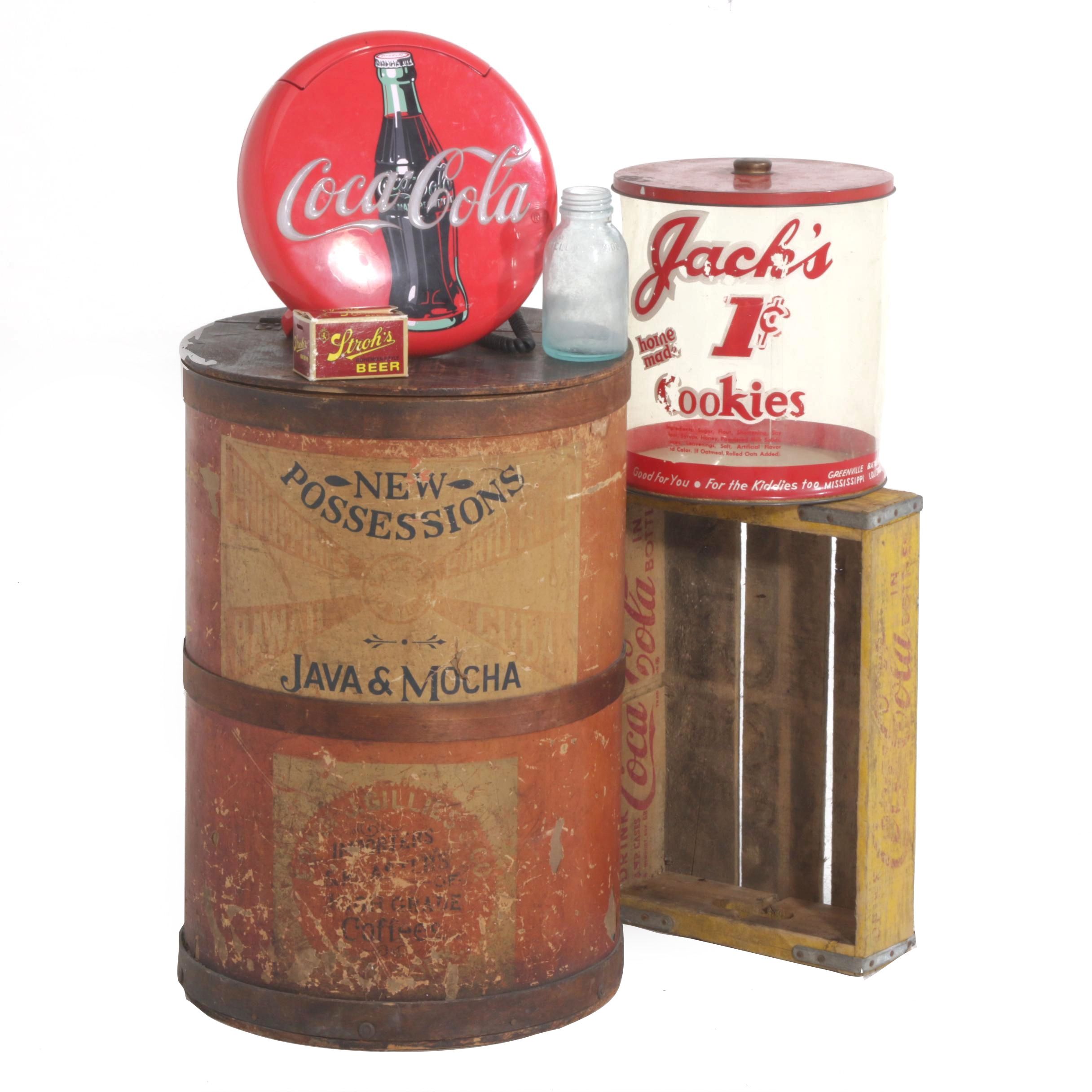 Coca-Cola Wall Phone and Crate with Other Advertising Containers, Vintage