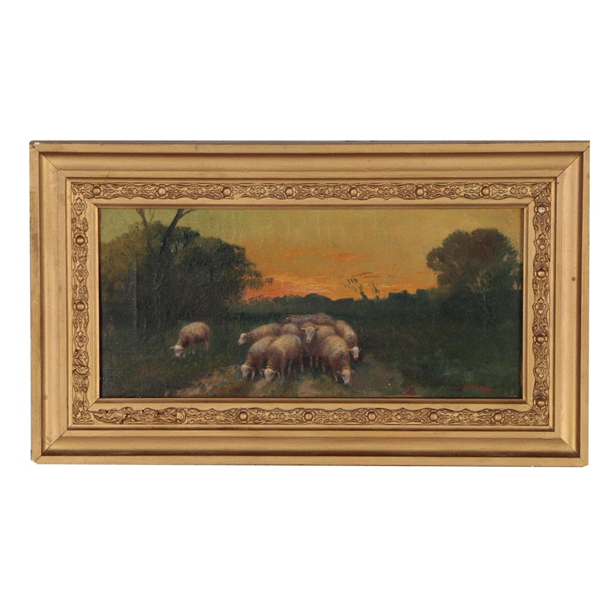 Oil Painting of Pastoral Scene with Sheep, 19th Century