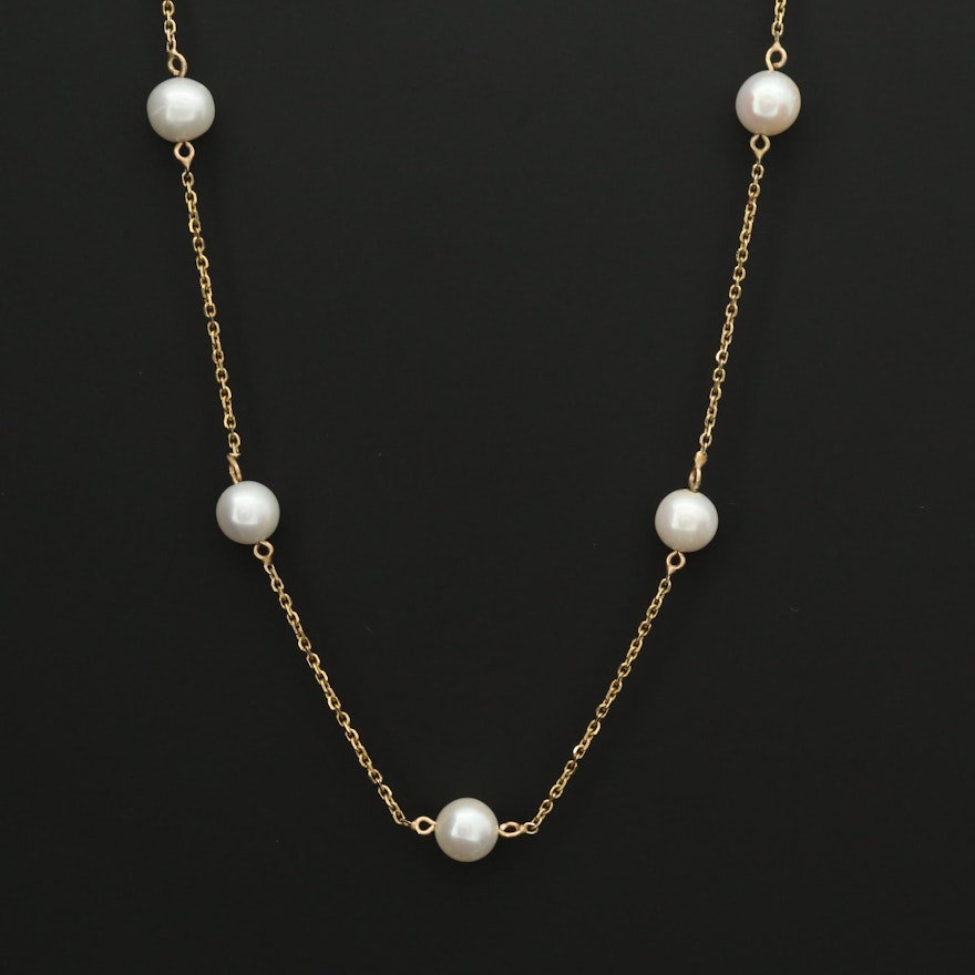 14K Yellow Gold Cultured Pearl Station Necklace