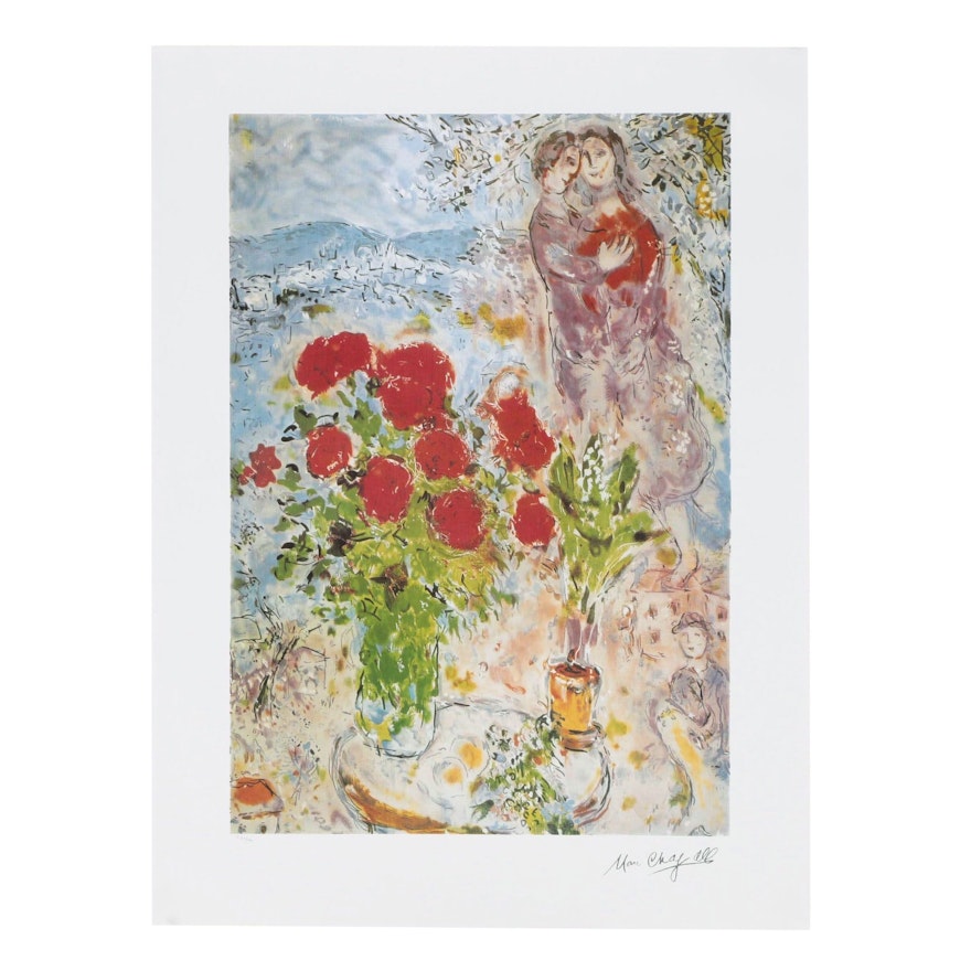 Offset Lithograph after Marc Chagall "Red Bouquet with Lovers"