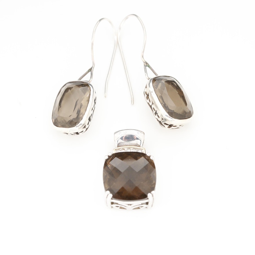 Sterling Silver Smoky Quartz and Diamond Pendant and Earrings