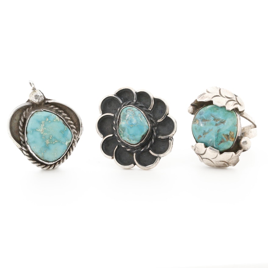 Southwestern Style Sterling Silver Turquoise Rings and Pendant
