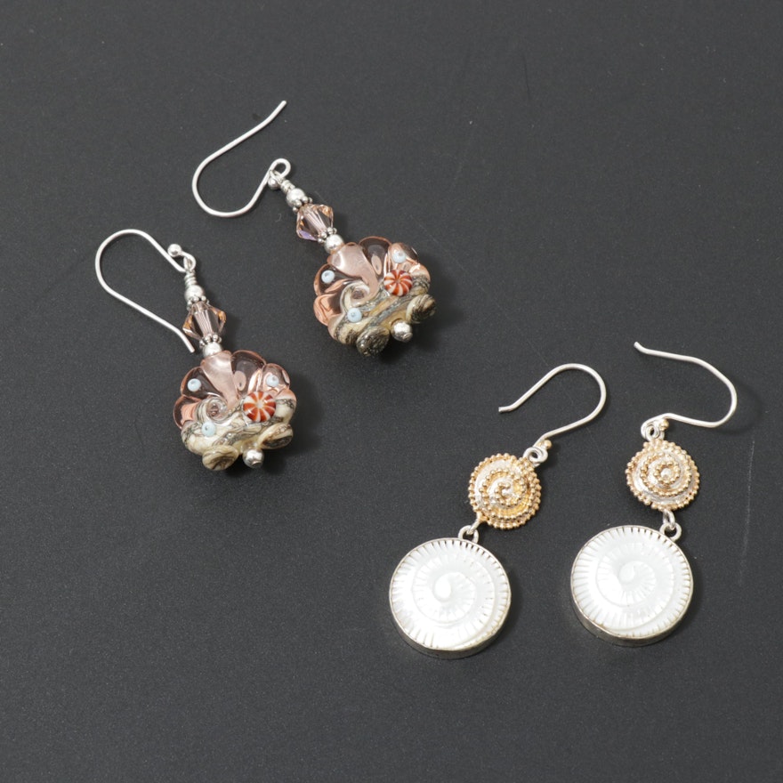 Sterling Silver Art Glass and Mother of Pearl Shell Motif Earrings