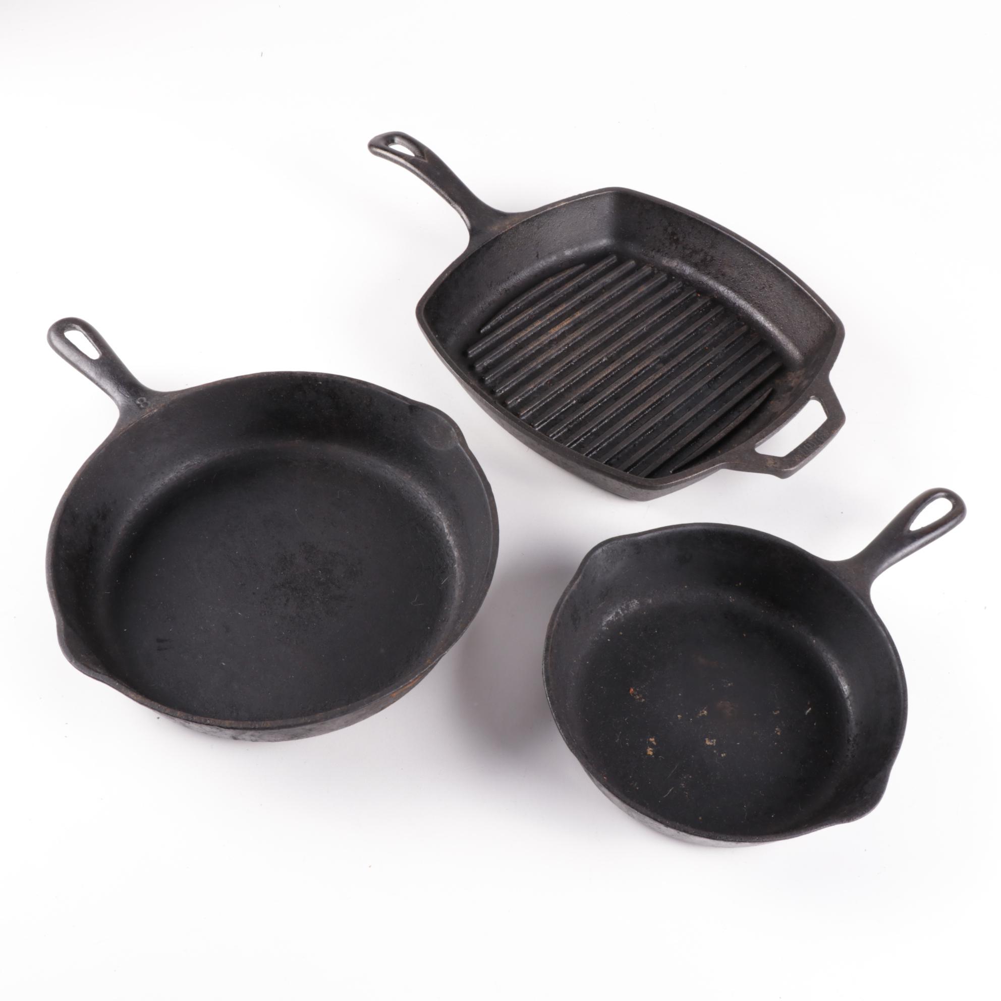 Wagner Ware Cast Iron Skillets and Lodge Square Skillet, Mid-Century