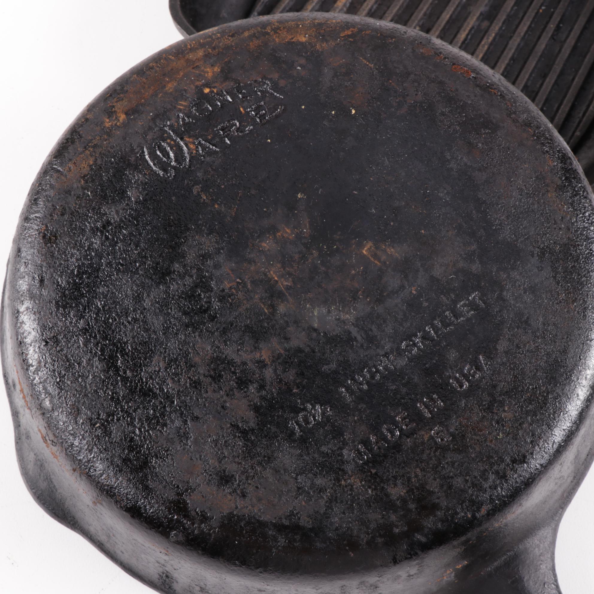 Wagner Ware Cast Iron Skillets and Lodge Square Skillet, Mid-Century
