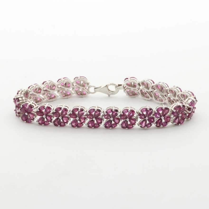 Sterling Silver Garnet Floral Bracelet