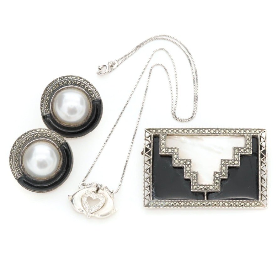 Sterling Silver Assorted Jewelry with Black Onyx, Mother of Pearl and Marcasite