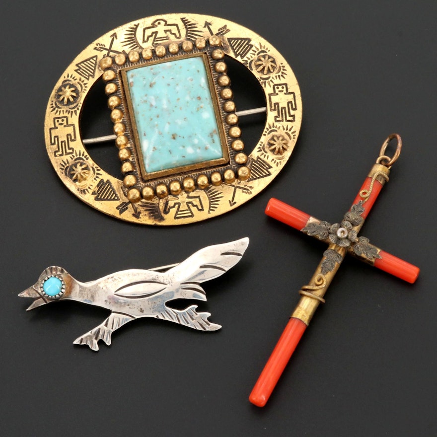 Sterling Turquoise Road Runner, Coral and Glass Cross and Oval Brooches