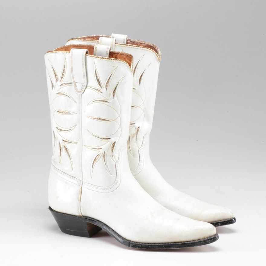 Acme White Leather Cowboy Boots with Metallic Gold Accents, Vintage