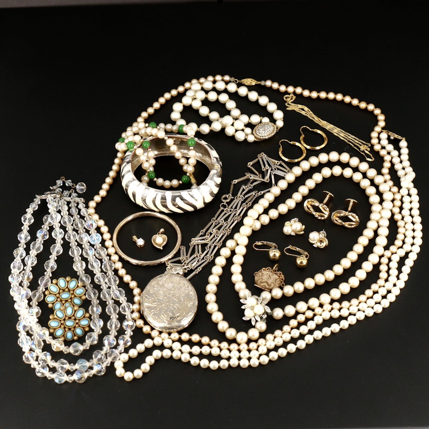 Assorted Cultured Pearl and Glass Jewelry Including Locket and Cufflinks