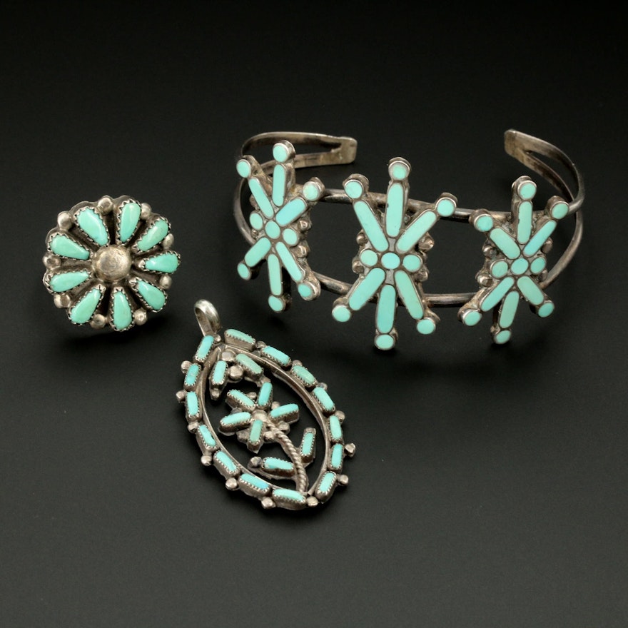 Southwestern Style Sterling Silver Turquoise Pendant, Ring, and Bracelet Set