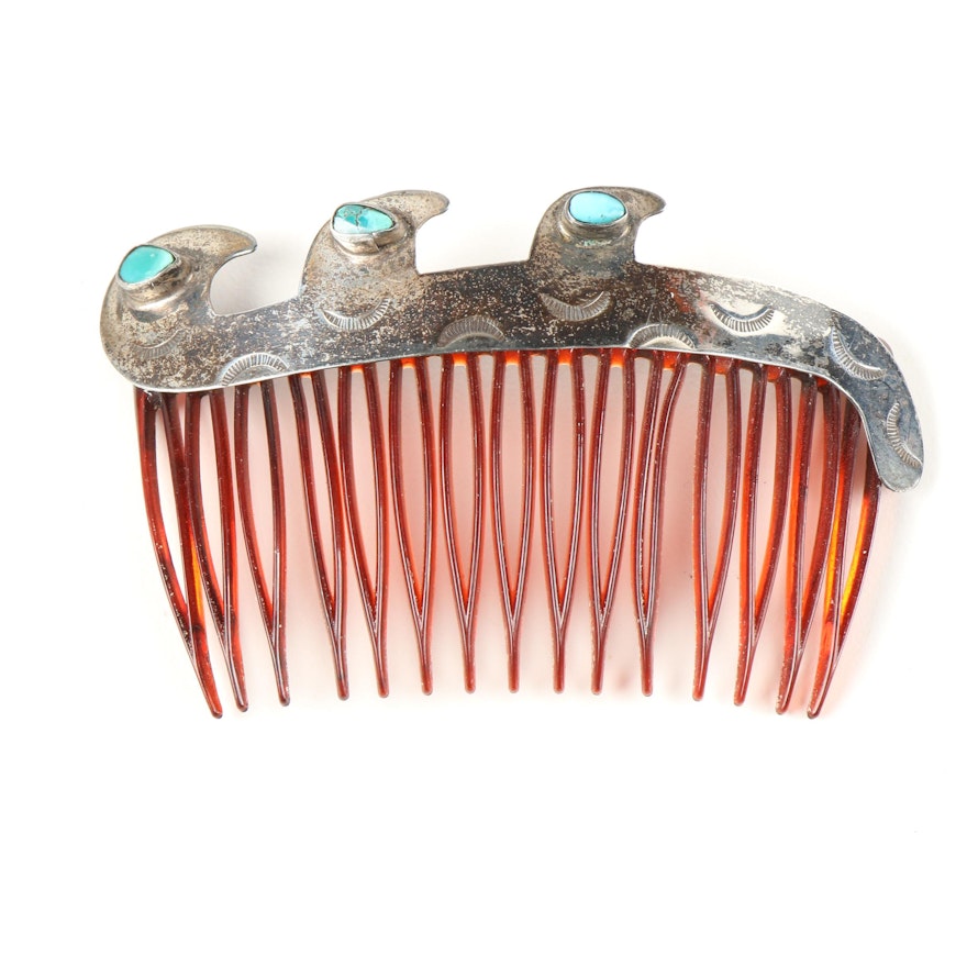 Sterling Silver and Turquoise Southwestern Style Hair Comb with Bezel Set Stones