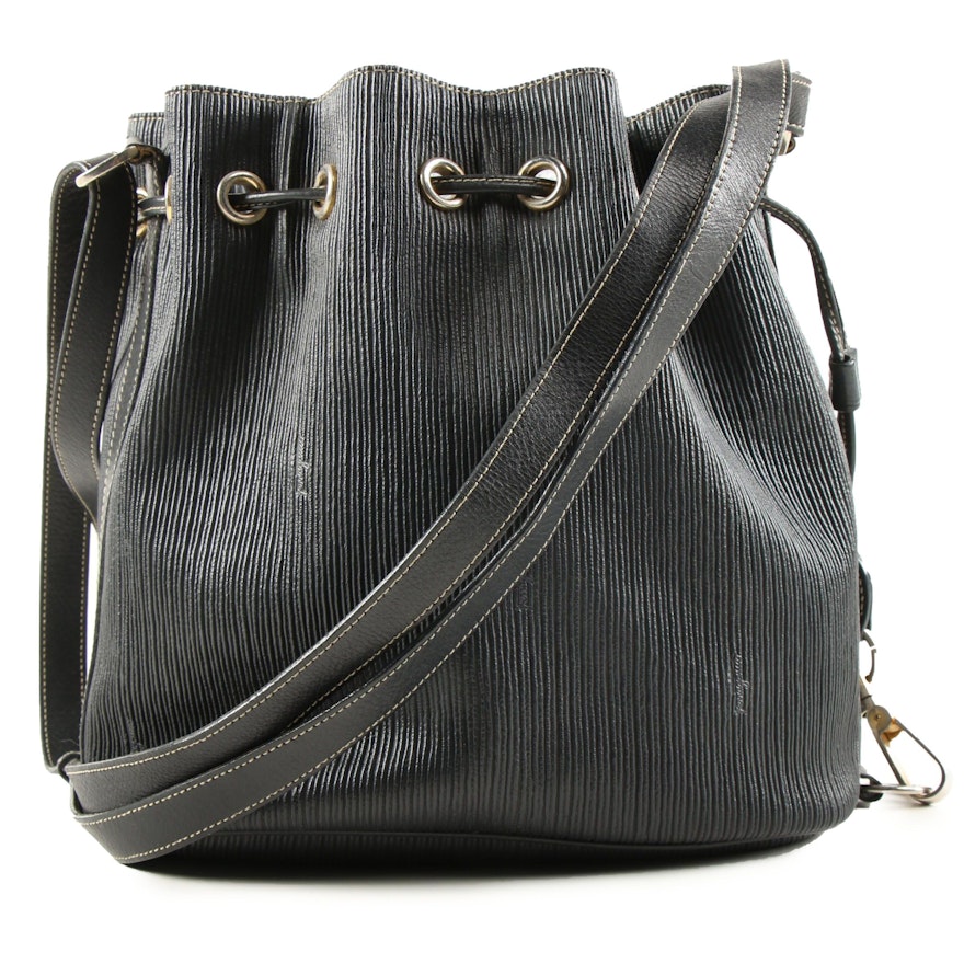 Salvatore Ferragamo Ribbed Black Leather Drawstring Bucket Bag, Vintage