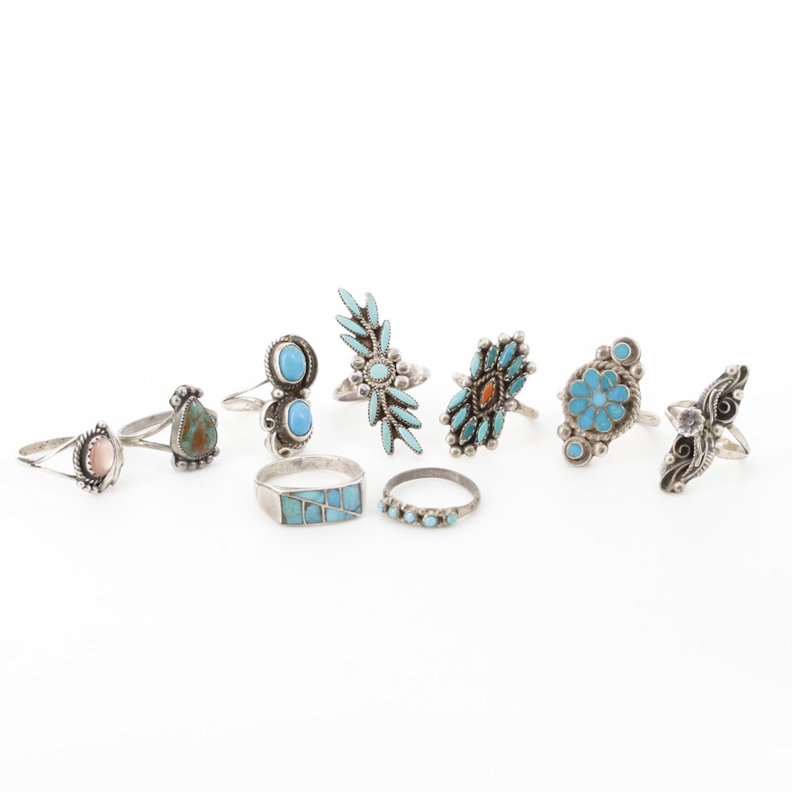 Southwestern Style Sterling Silver Turquoise and Gemstone Rings