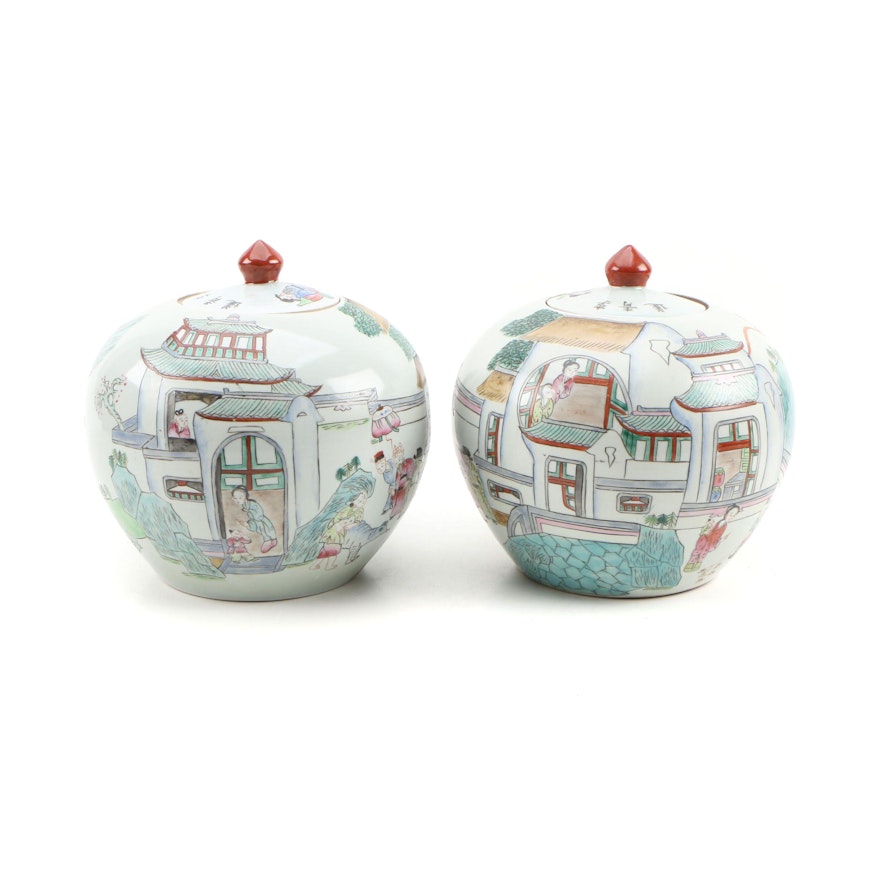 Pair of Chinese Porcelain Melon Jars with Village Scenes, Mid-Century