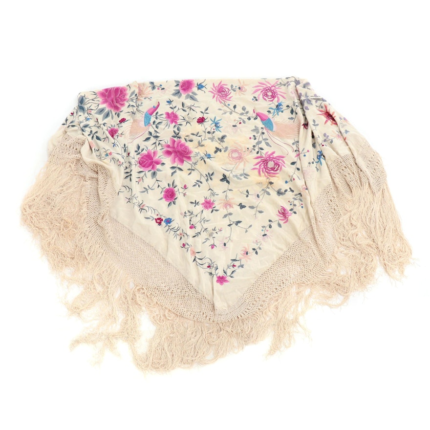 Embroidered Silk Piano Shawl with Chrysanthemum Florals and Macramé Fringe