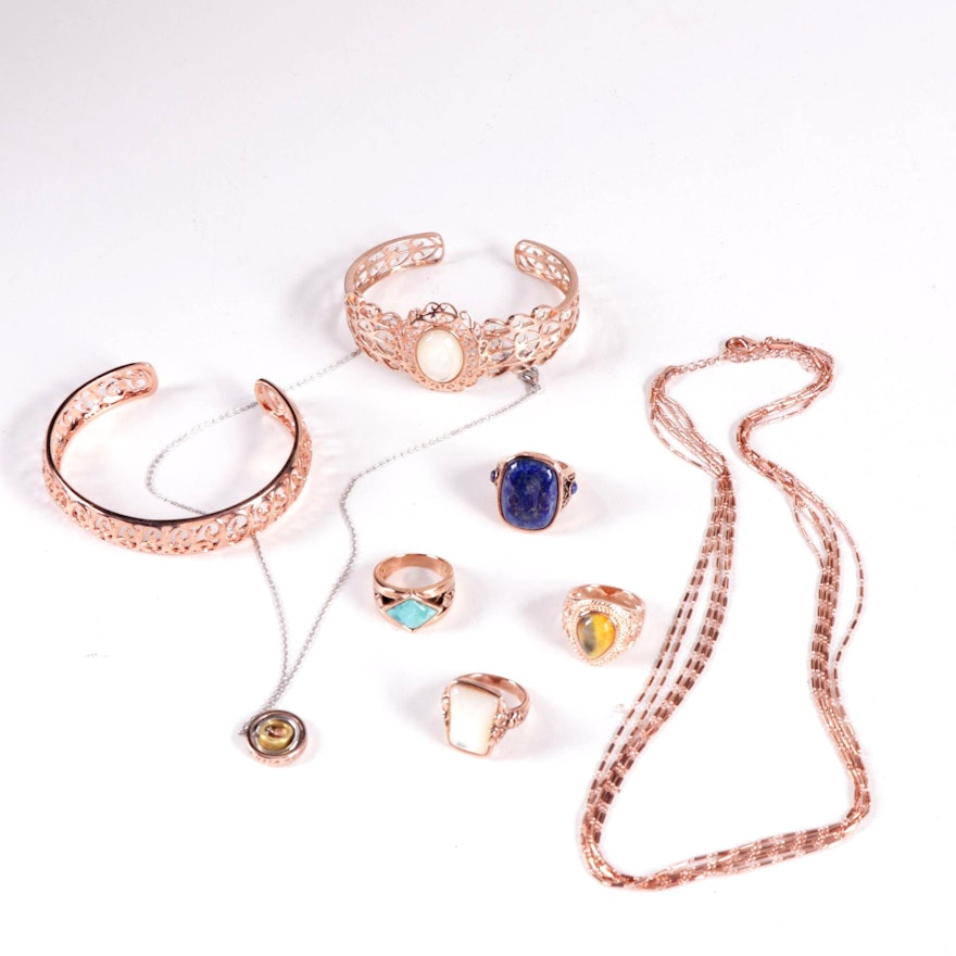 Rose Gold Tone Rings, Bracelet, and Necklaces