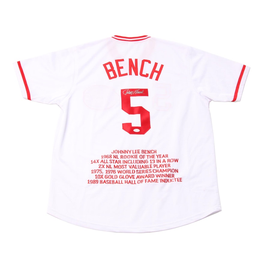 Johnny Bench Signed "Statistic" Cincinnati Reds Replica Home White Jersey  COA