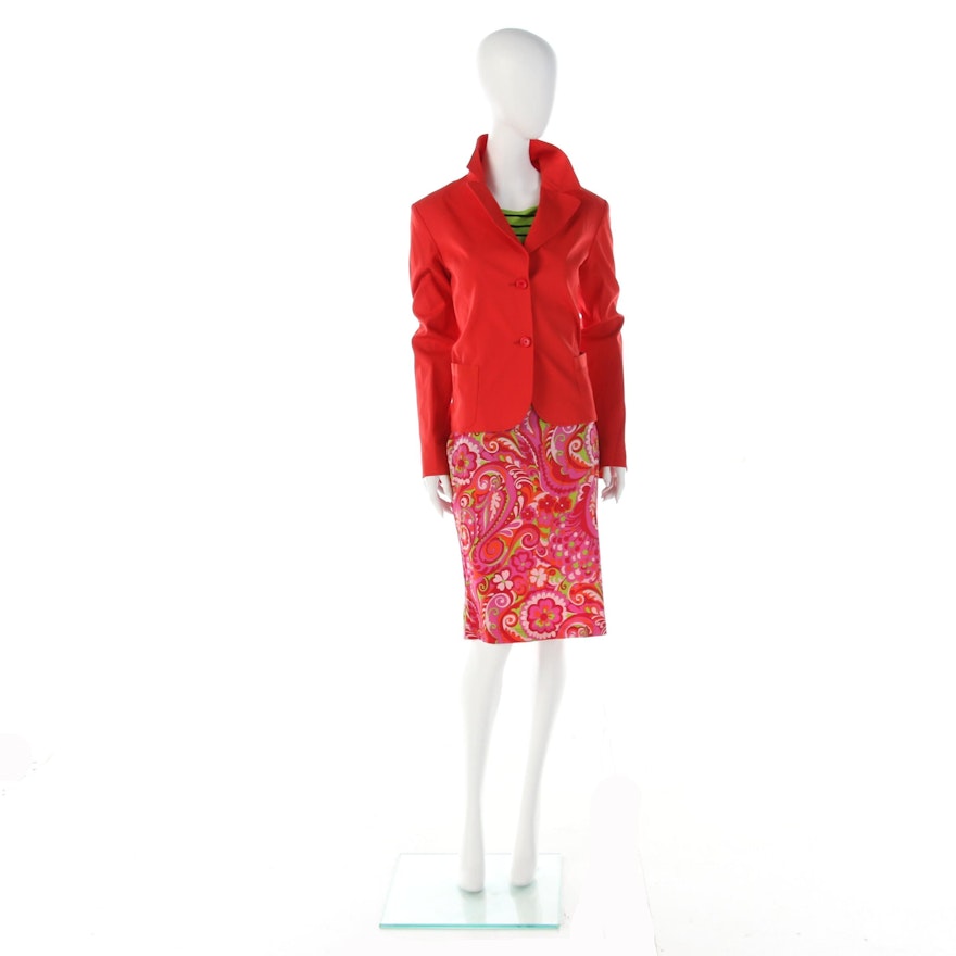 Fendi Red Jacket, Dolce & Gabbana Silk Skirt and Neiman Marcus Striped Shirt