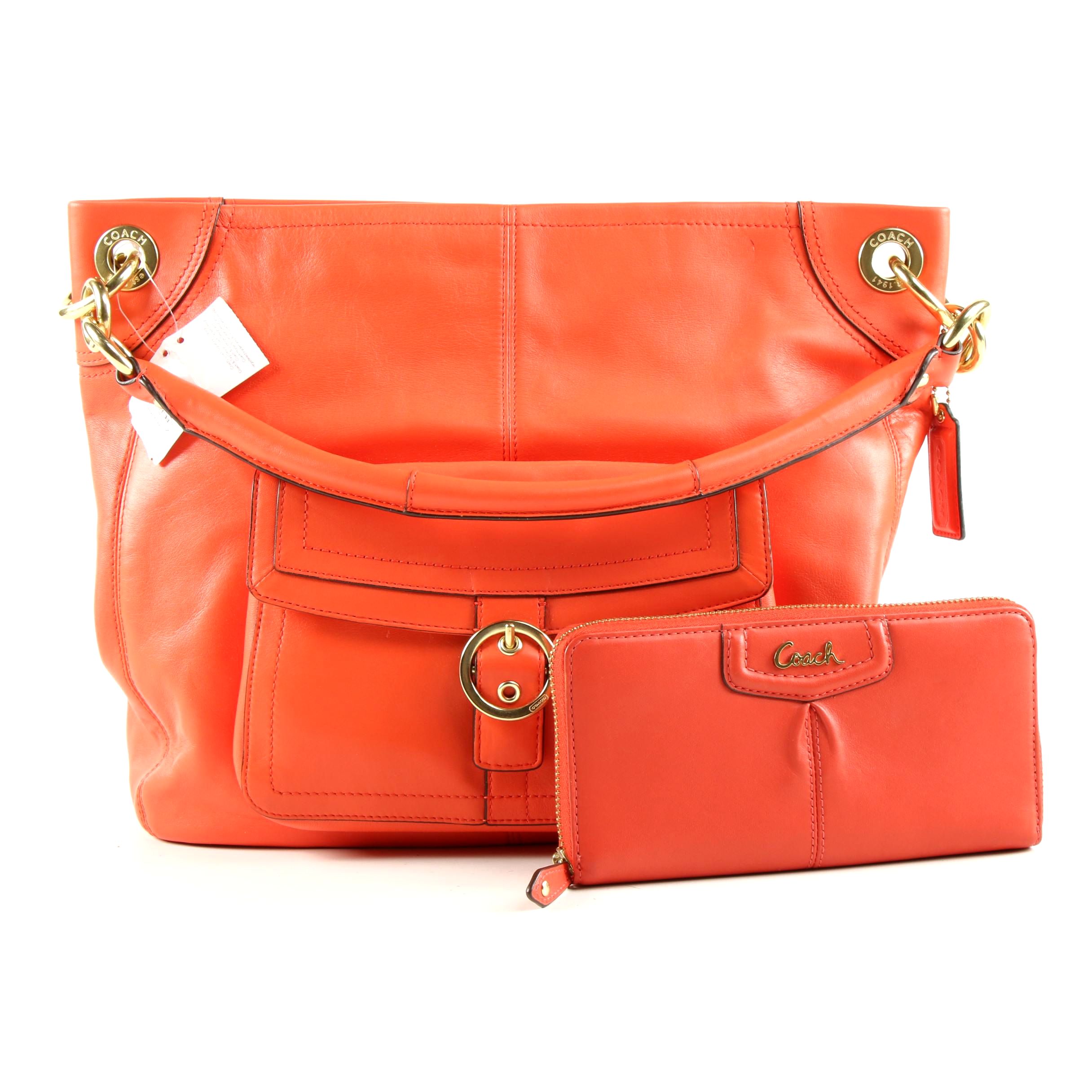 Coach Penelope Buckle Hobo Bag in Orange Leather with Wallet
