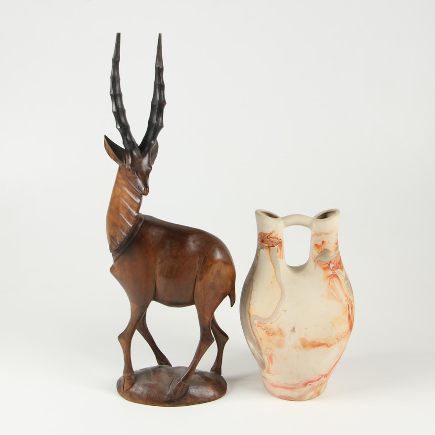Nemadji Indian Pottery Vase and Carved Wood Gazelle Sculpture