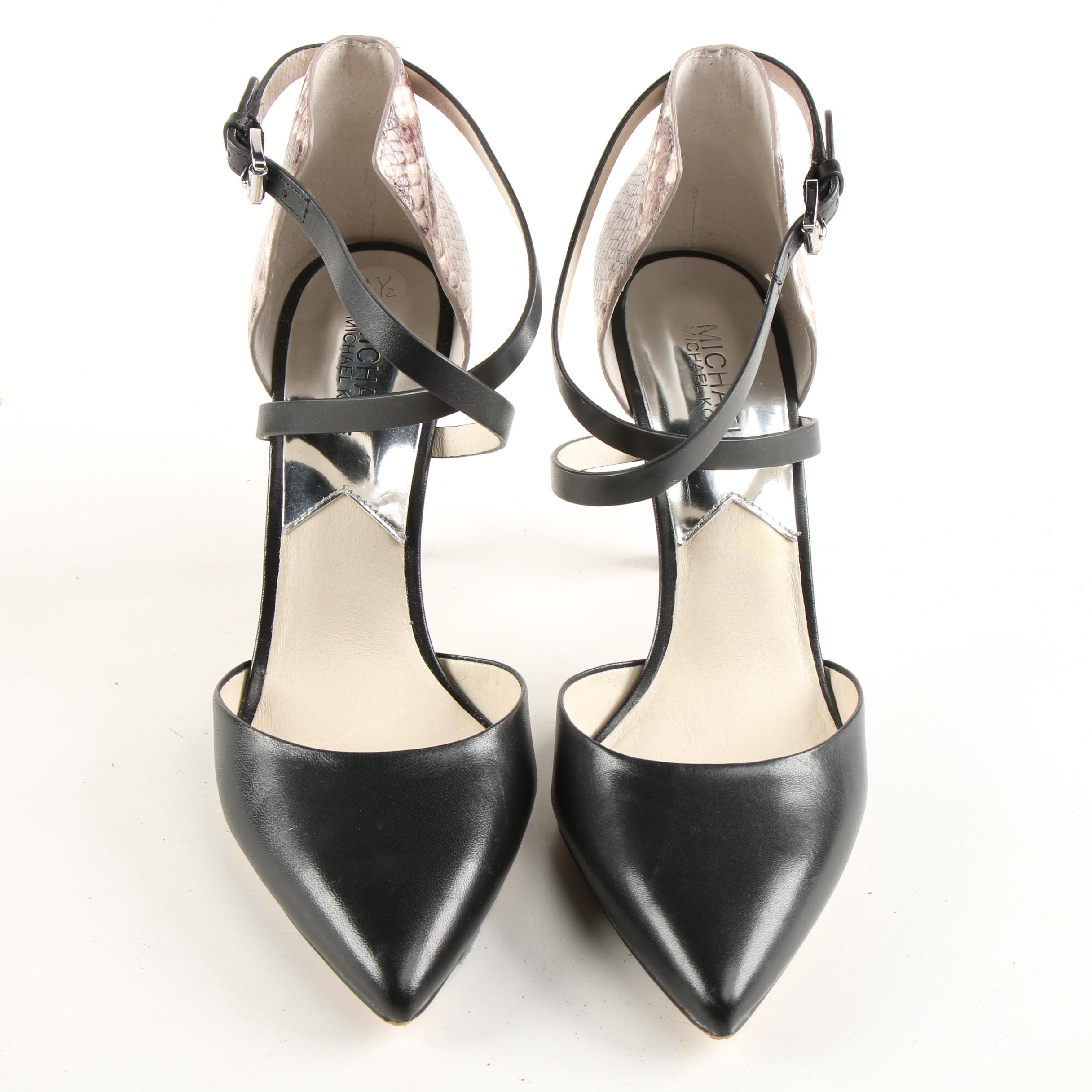 MICHAEL Michael Kors Python Print and Black Leather Cross Strap D'Orsay Heels