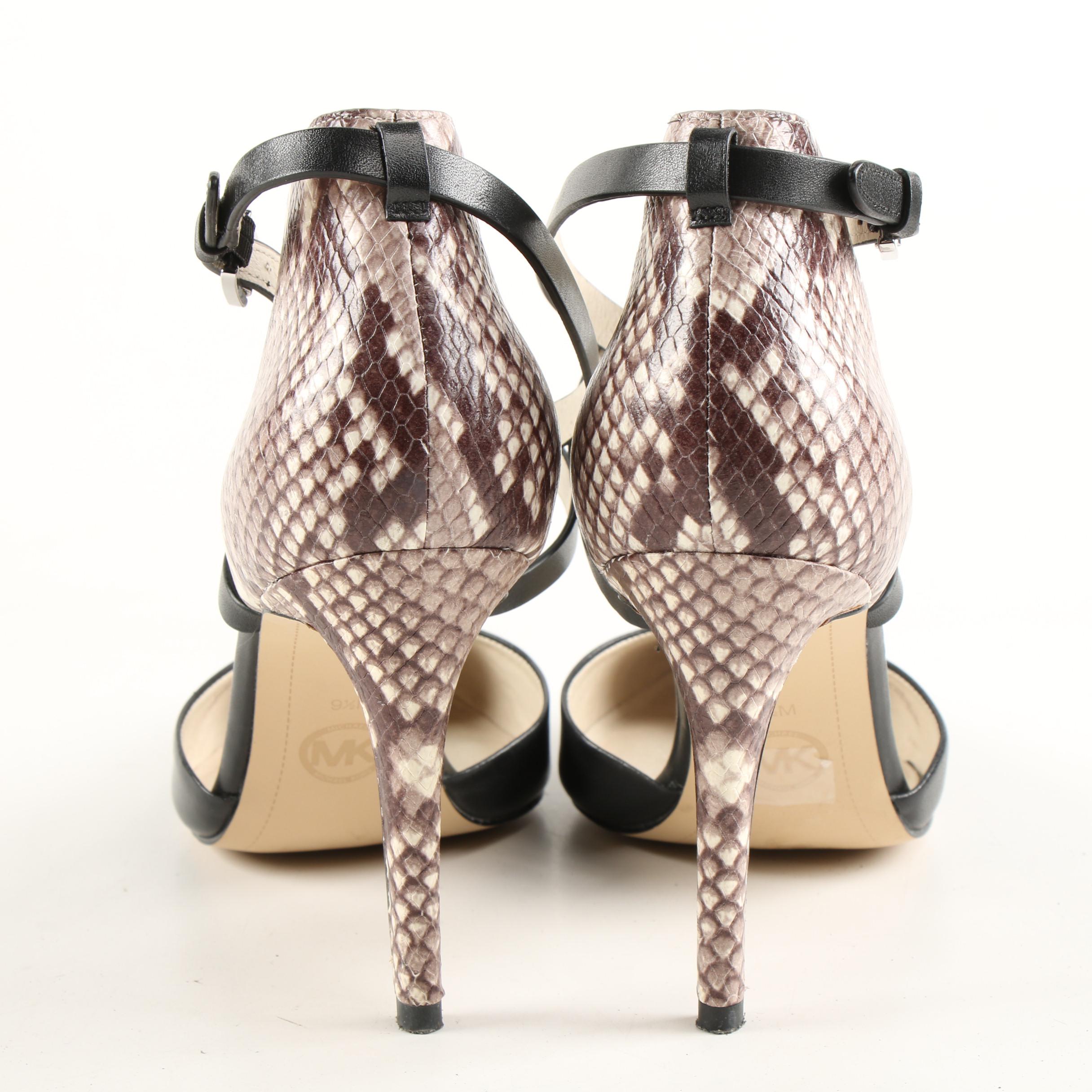 MICHAEL Michael Kors Python Print and Black Leather Cross Strap D'Orsay Heels