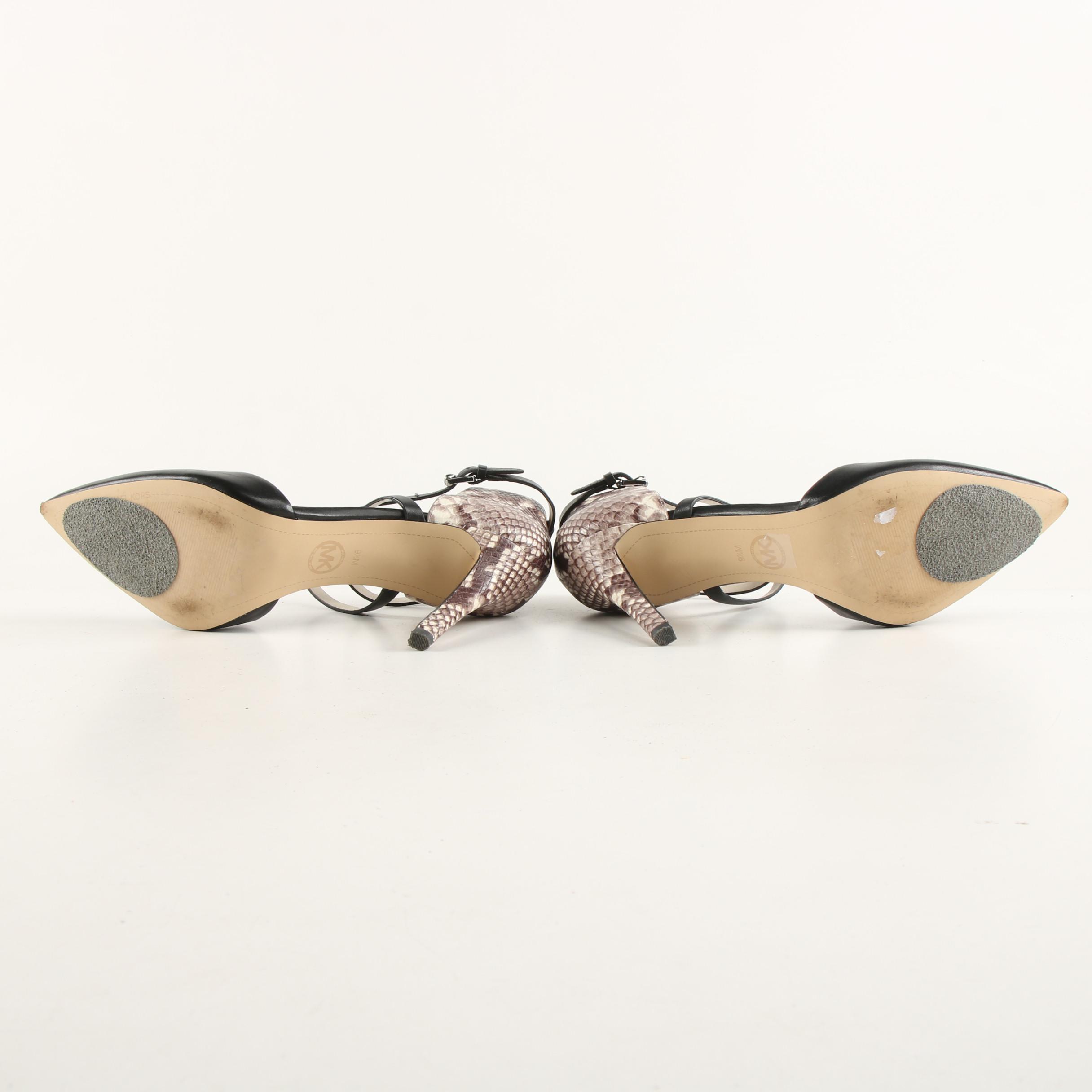 MICHAEL Michael Kors Python Print and Black Leather Cross Strap D'Orsay Heels