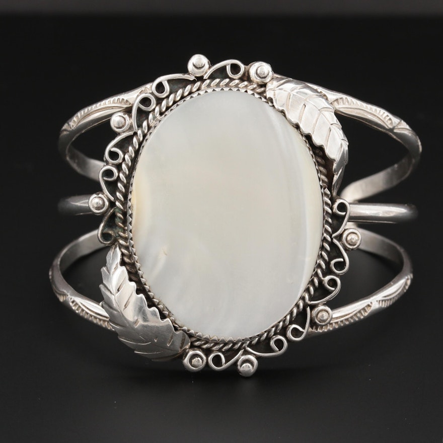 Southwestern Style Sterling Silver Mother of Pearl Cuff Bracelet