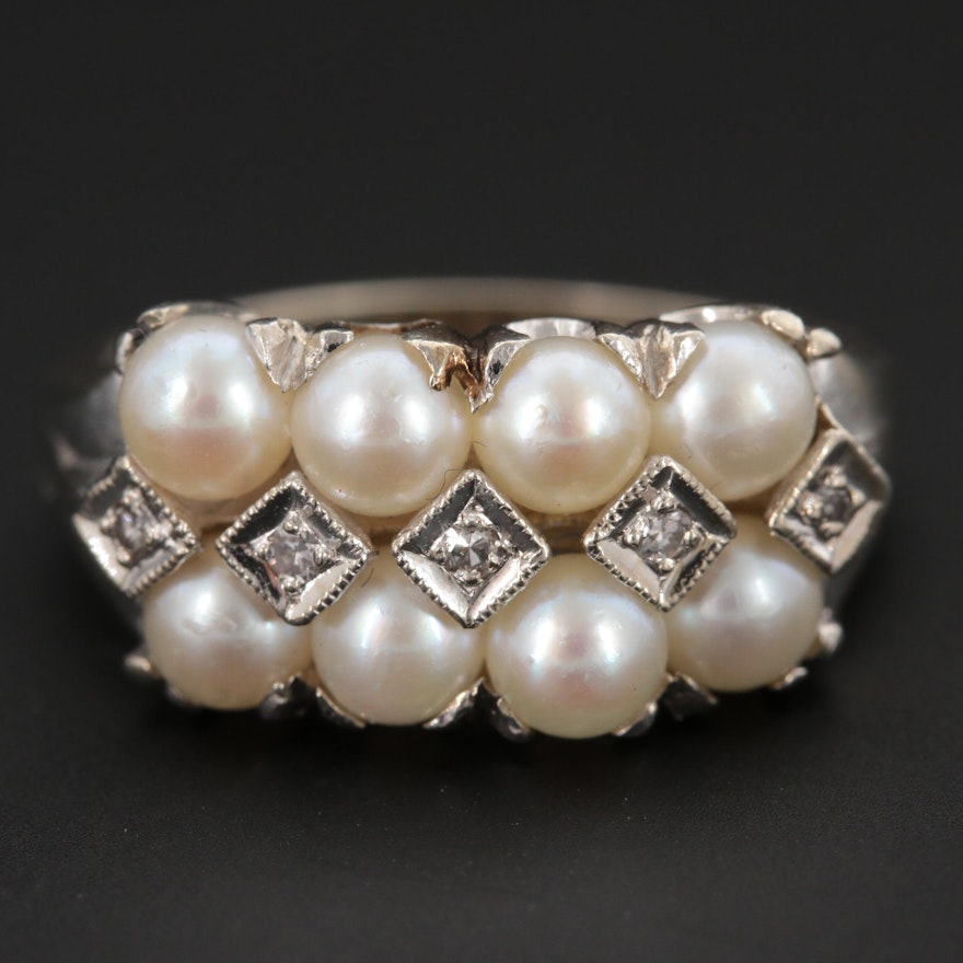 14K White Gold Cultured Pearl and Diamond Ring