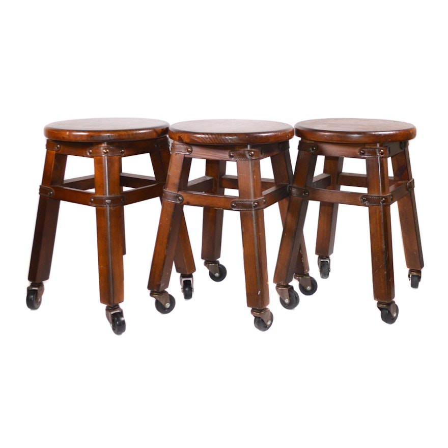 Four Pine Stools on Casters, Late 20th Century