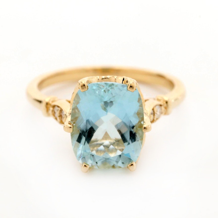 14K Yellow Gold Aquamarine and Diamond Ring